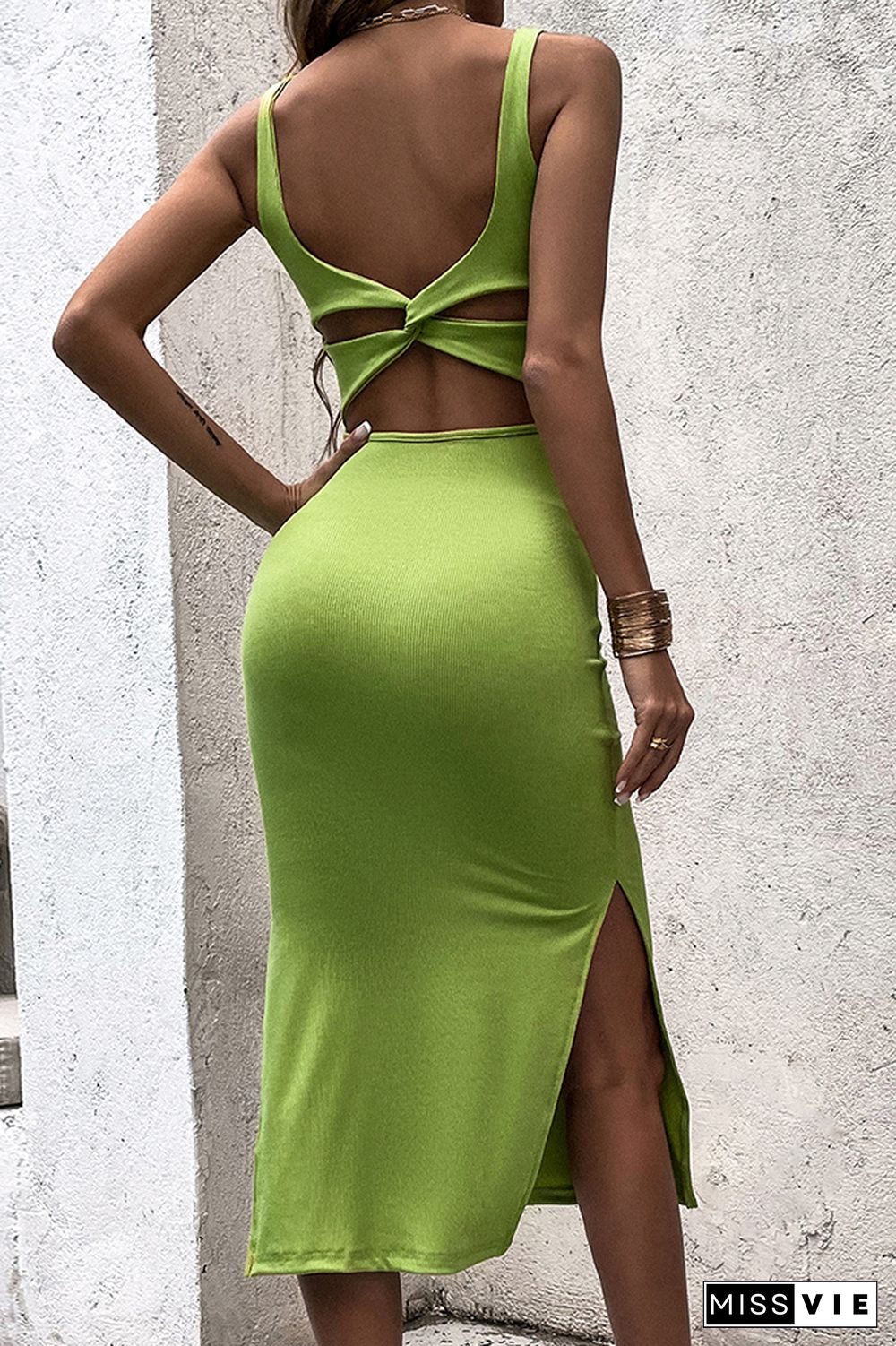 Backless Twisted Split Tank Sleeves Bodycon Dress