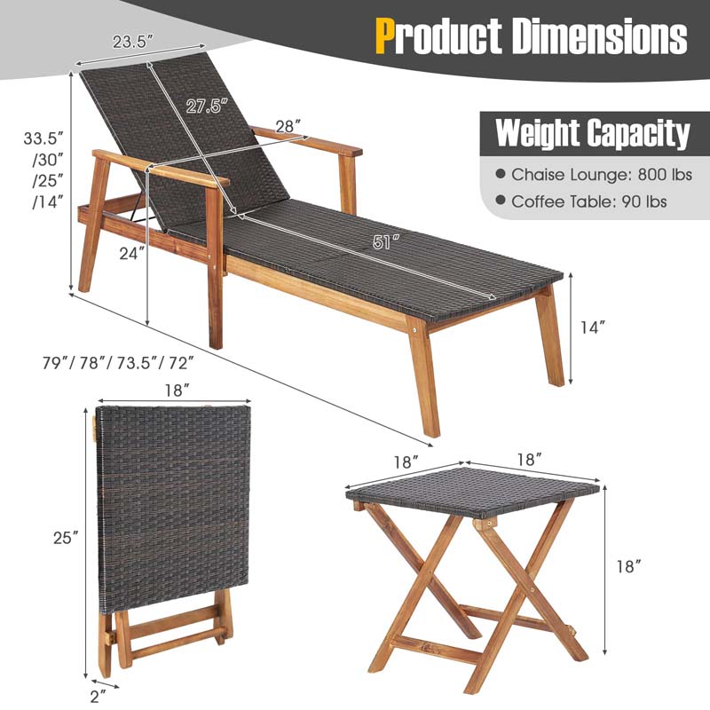 Acacia Wood & Rattan Patio Beach Outdoor Chaise Lounge Chairs Pool Sun Lounger Set with Folding Side Table