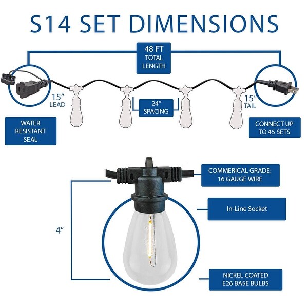 48 Foot LED Filament S14 Inline Socket Edison Outdoor Market Patio String Lights