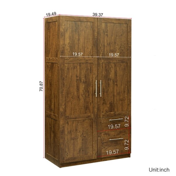 Traditional wooden wardrobe 2 door locker with 2 drawers， adjustable shelves and adult hanging rods， metal handles - - 38105665