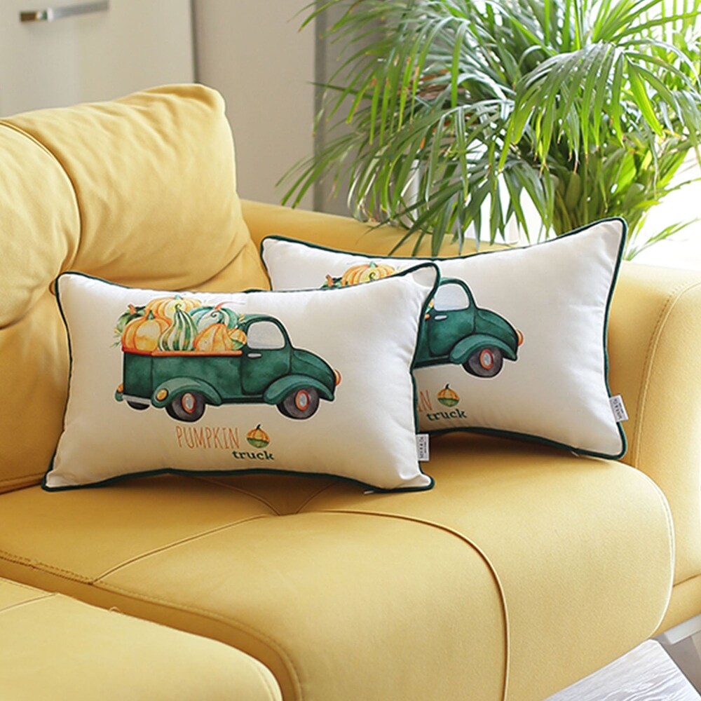 Fall Thanksgiving Decorative Throw Pillow Green Truck Lumbar Set of 2