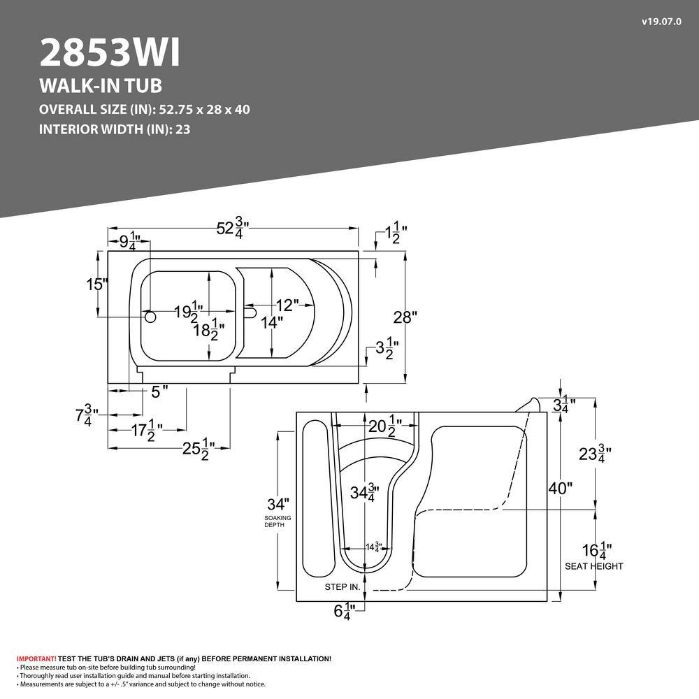 Universal Tubs Safe Premier 52.7 in. x 60 in. x 28 in. Left Drain Walk-In Non-Whirlpool Bathtub in White HD2853LWS-CP