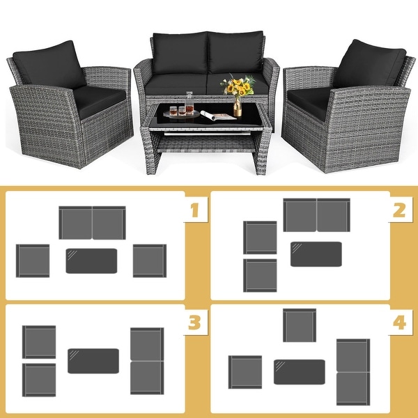 Gymax 4PCS Patio Rattan Conversation Set Outdoor Furniture Set w/