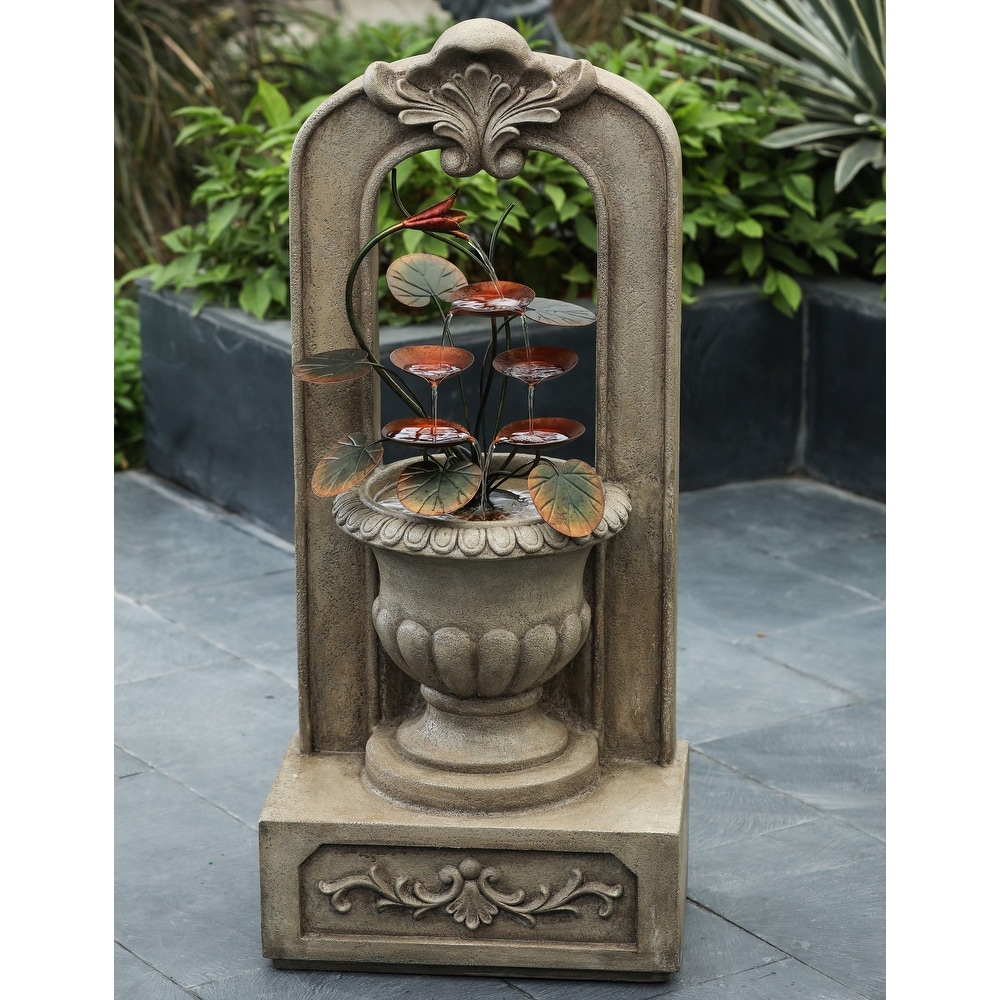 Arched 40.35 Inch H Cement Urn with Metal Flowers Outdoor Fountain   40.35\