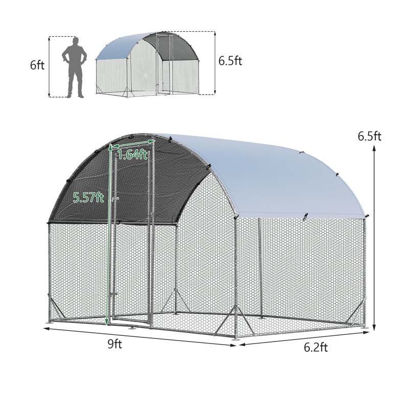 6.2 FT Large Metal Chicken Coop Walk-in Dome Poultry Cage Hen Run House Rabbits Habitat Cage with Cover