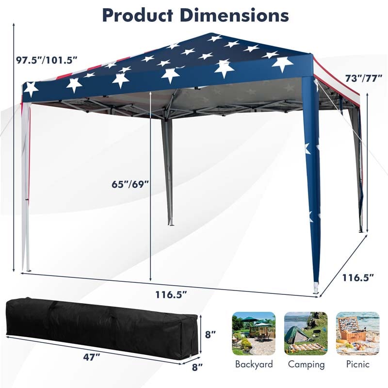 10 x 10 FT Pop Up Canopy Tent with Carry Bag & Netting, American Flag Printing Outdoor Gazebo