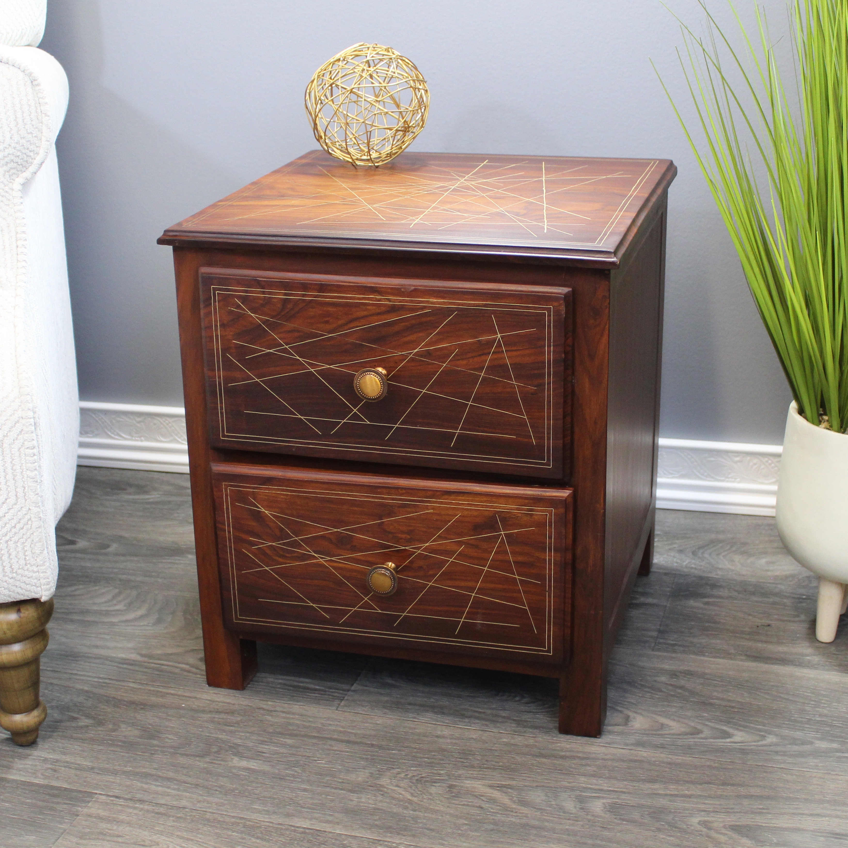 Natural Geo Rosewood Square End Table - Abstract Golden Brass Inlay