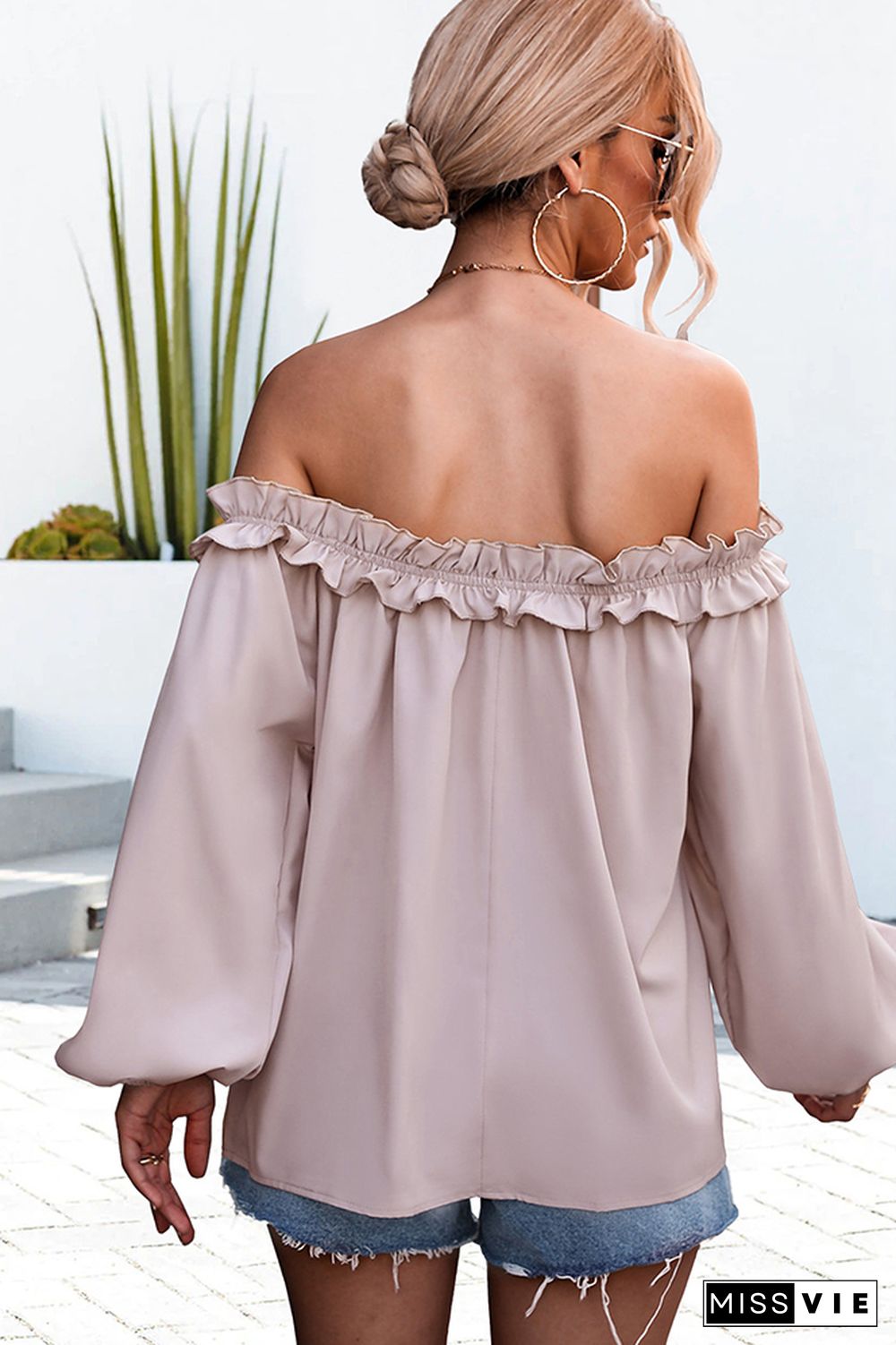 Off Shoulder Lantern Sleeves Plain Blouse