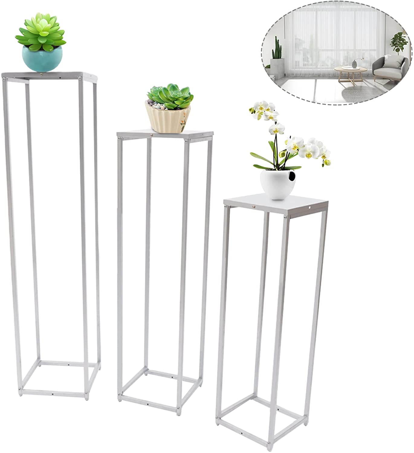 Oukaning 3 Pcs Flower Pot Holder Plant Shelf Square Potted Storage Stand Patio Metal Rack