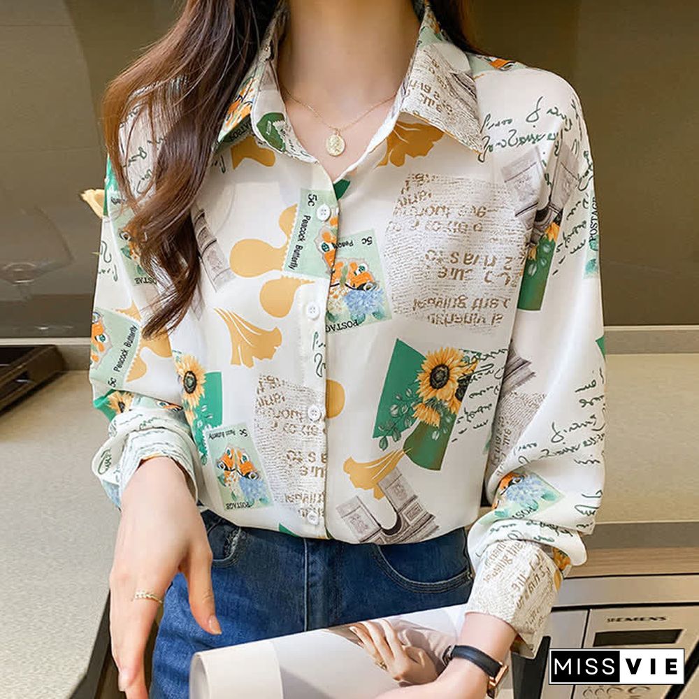 Vintage Floral Letter Print Long Sleeve Chiffon Shirt Workwear