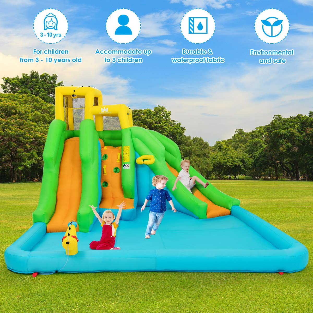 Inflatable Bounce House, Mighty Water Pool with Two Slides