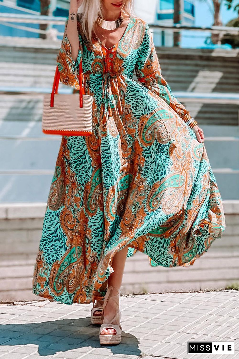 Green Boho Paisley Mix Print Long Sleeve V-Neck Tie Maxi Dress