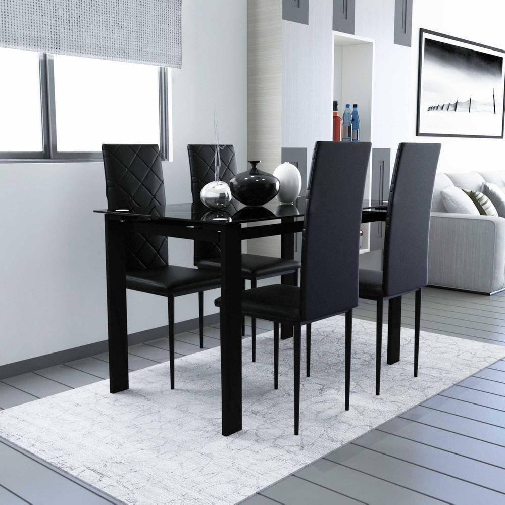 Tansole 5-Piece Rectangle Glass Top Black Metal Frame Rhombic Leather Dinning Chair and Table Set TS-JST3002-3