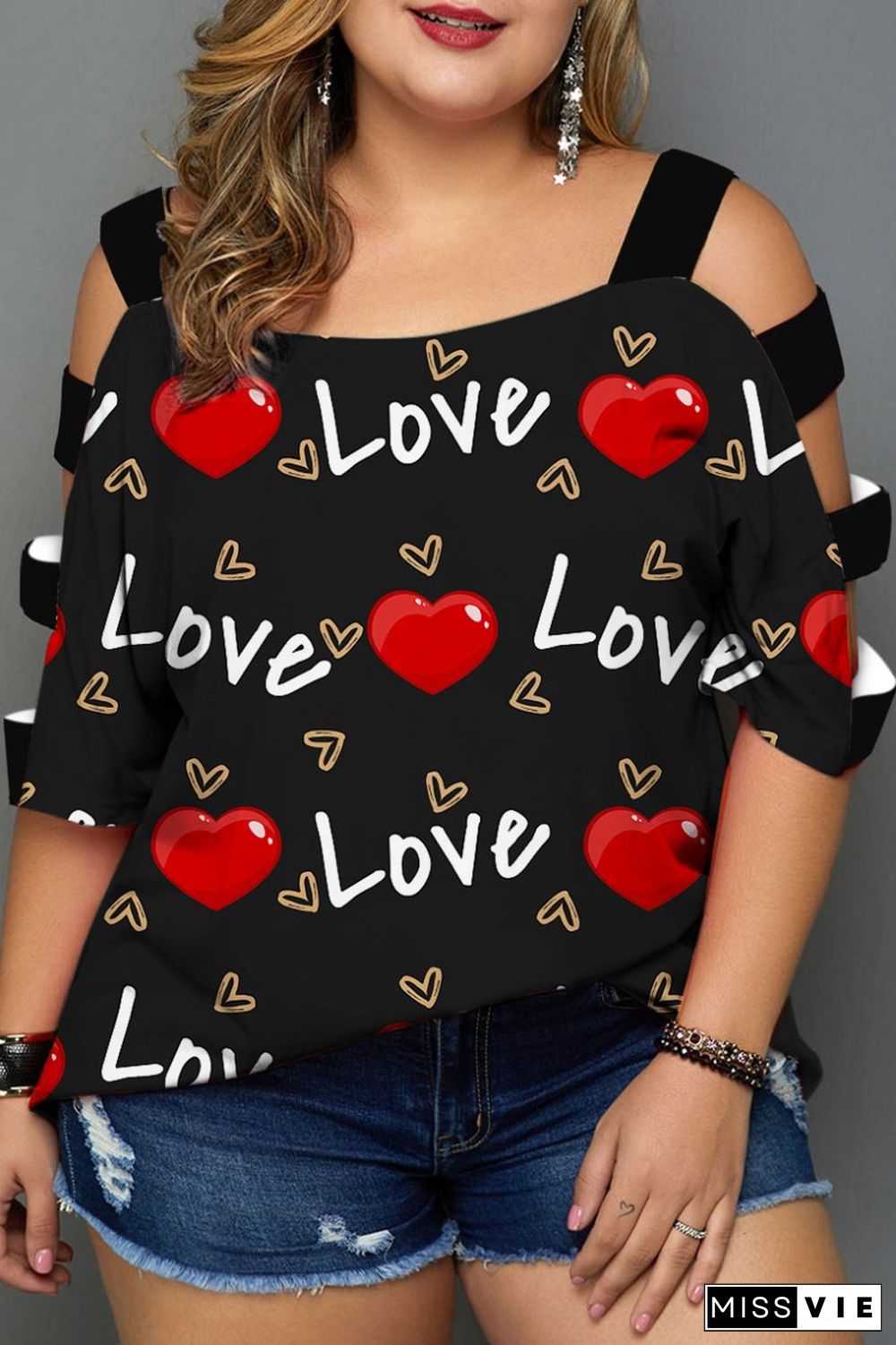 Plus Size Red Casual Print Hollowed Out Patchwork O Neck T-Shirts