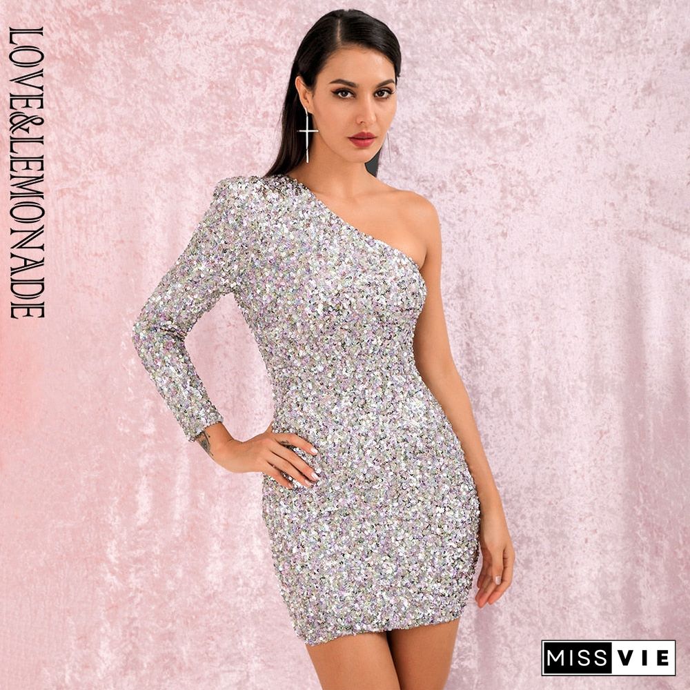 Love&Lemonade Sexy One Shoulder Bodycon Silver Colorful Sequins Party Mini Long Sleeve Dress Lm82093