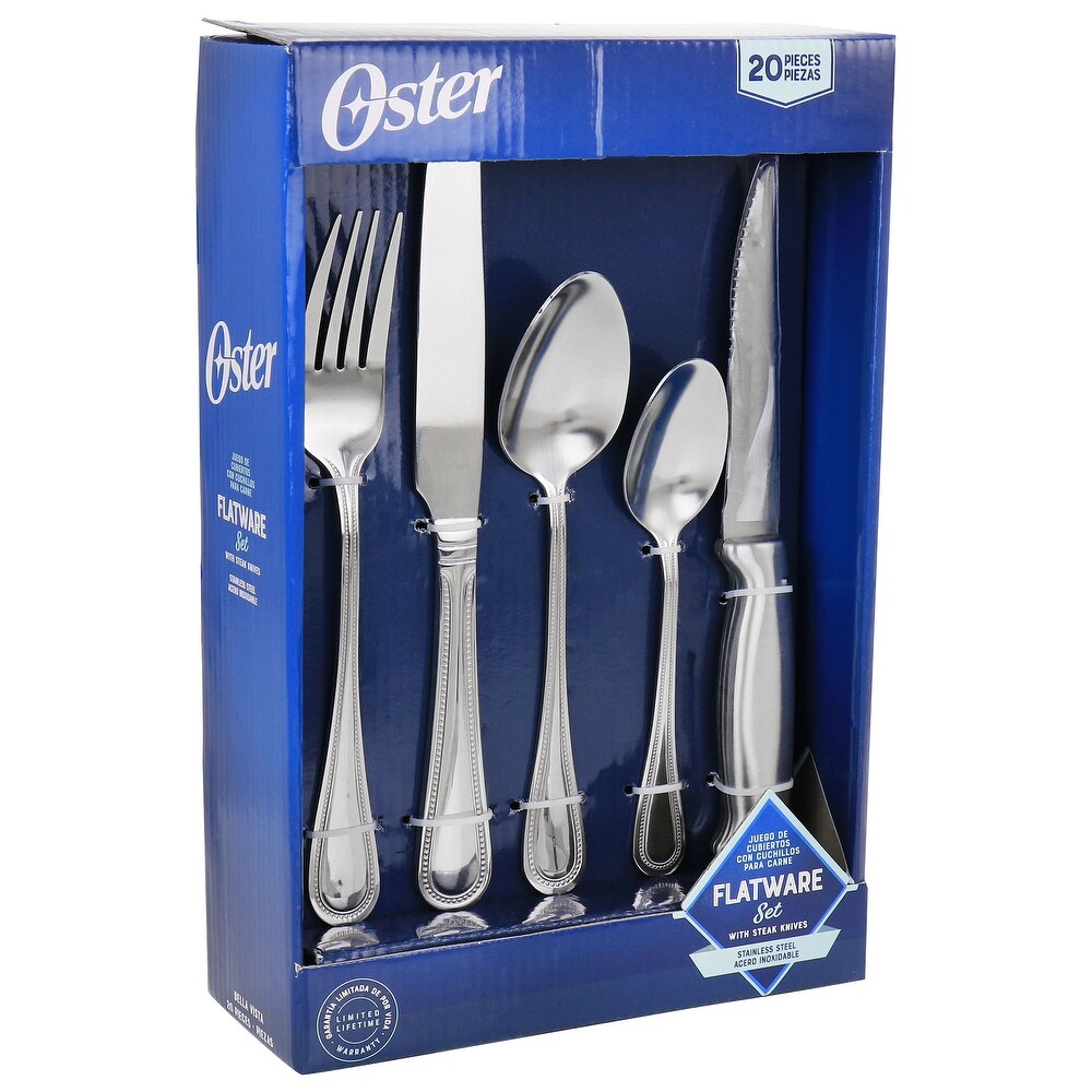 Oster 20 Piece Stainless Steel Flatware and Steak Knife Set   11.40 x 7.50