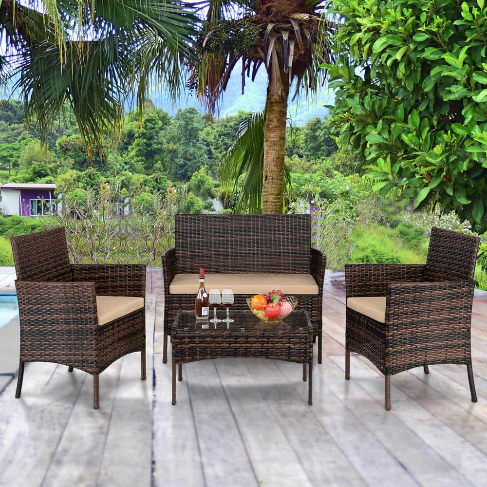 Karl home 4Piece Wicker Patio Conversation Set with Beige Cushions