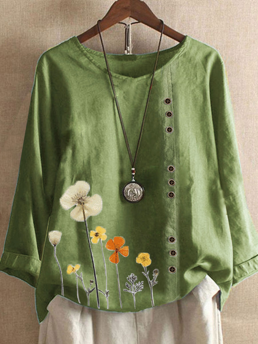 Floral Print Round Neck Cotton And Linen Long Sleeve Blouse