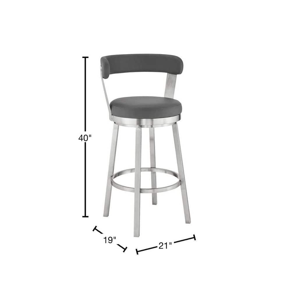 Armen Living Kobe 30 in. Bar Height Low Back Swivel Bar Stool in Brushed Stainless Steel and Grey Faux Leather 721535761814