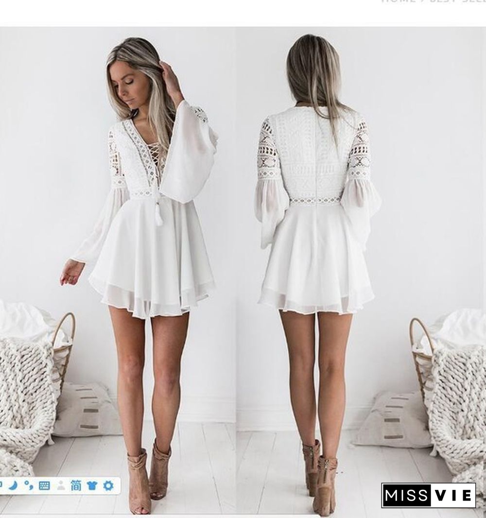 Women's A Line Dress Short Mini Dress White Black Red Long Sleeve Solid Color Ruffle Patchwork Spring Summer V Neck Hot Sexy Dresses