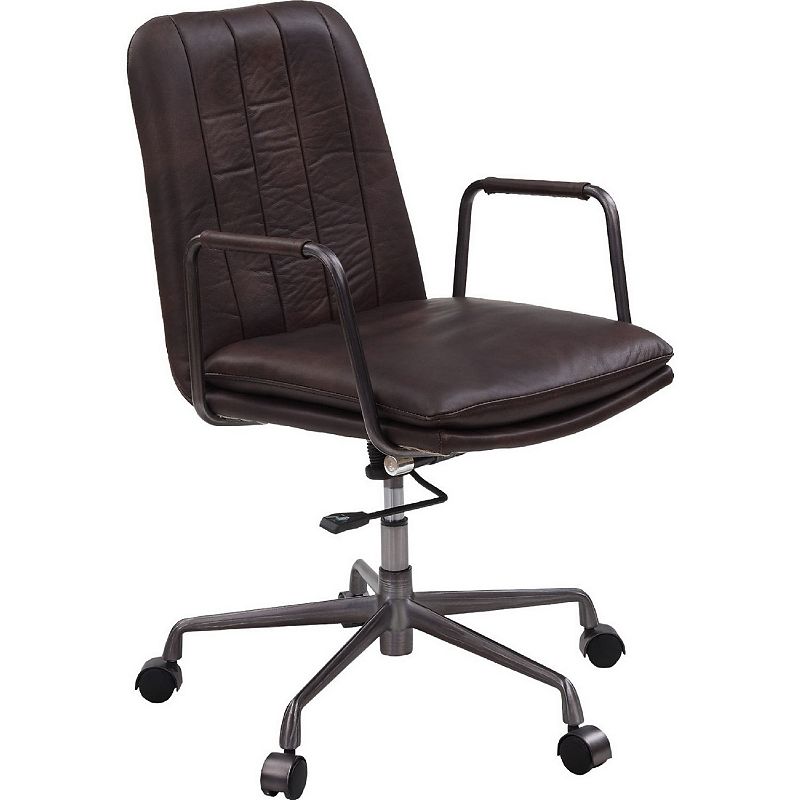 Office Chair with Leather Seat and Channel Stitching， Dark Brown