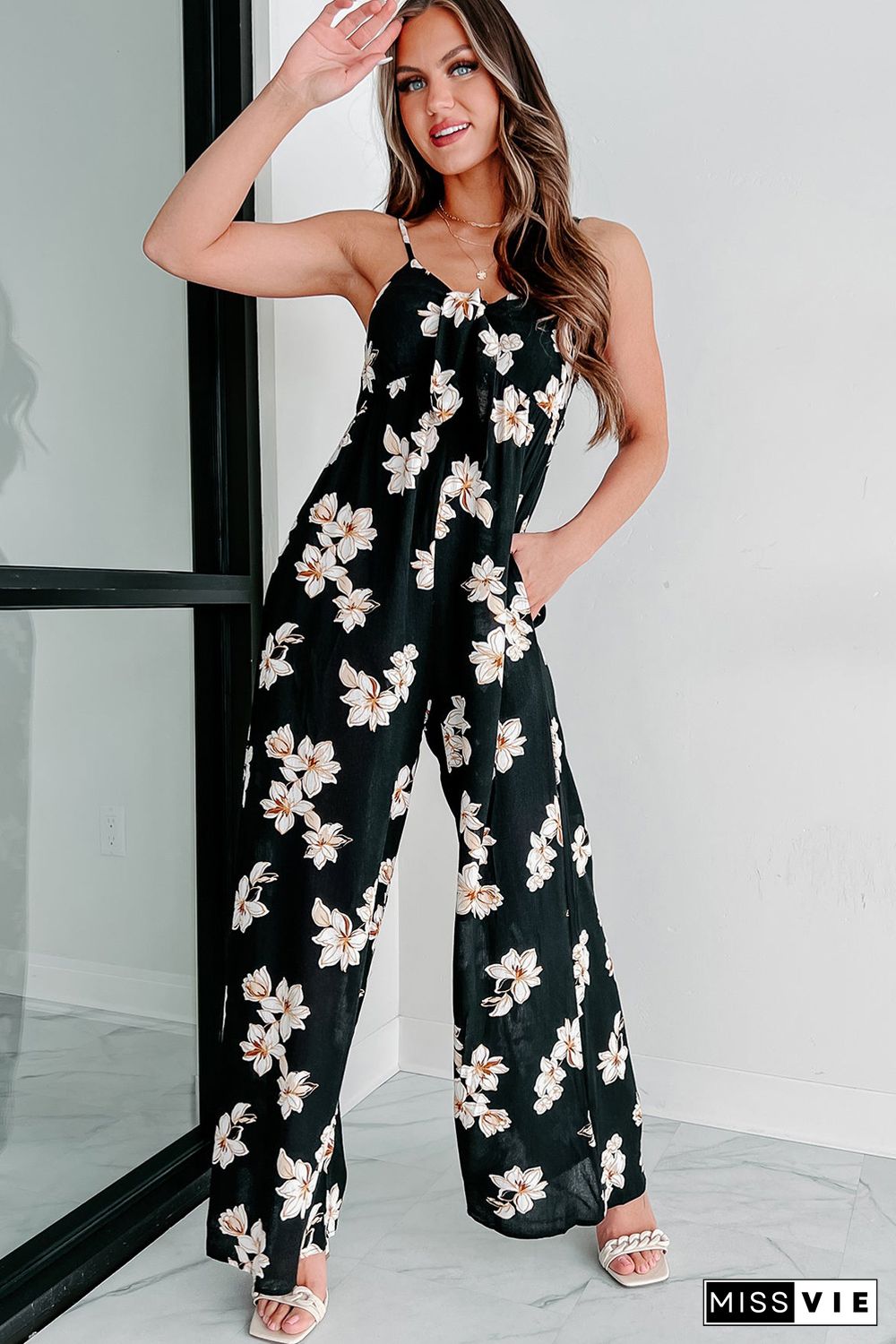 Black Tie Decor V Neck Floral Wide Leg Jumpsuit