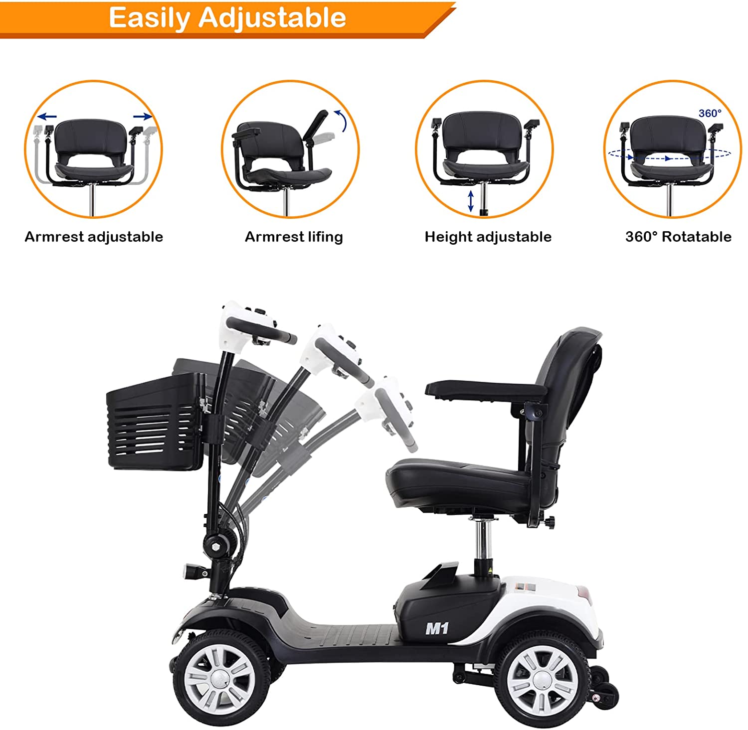 Folding Electric Mobility Scooter 4 Wheel for Seniors Adults with LED Light White