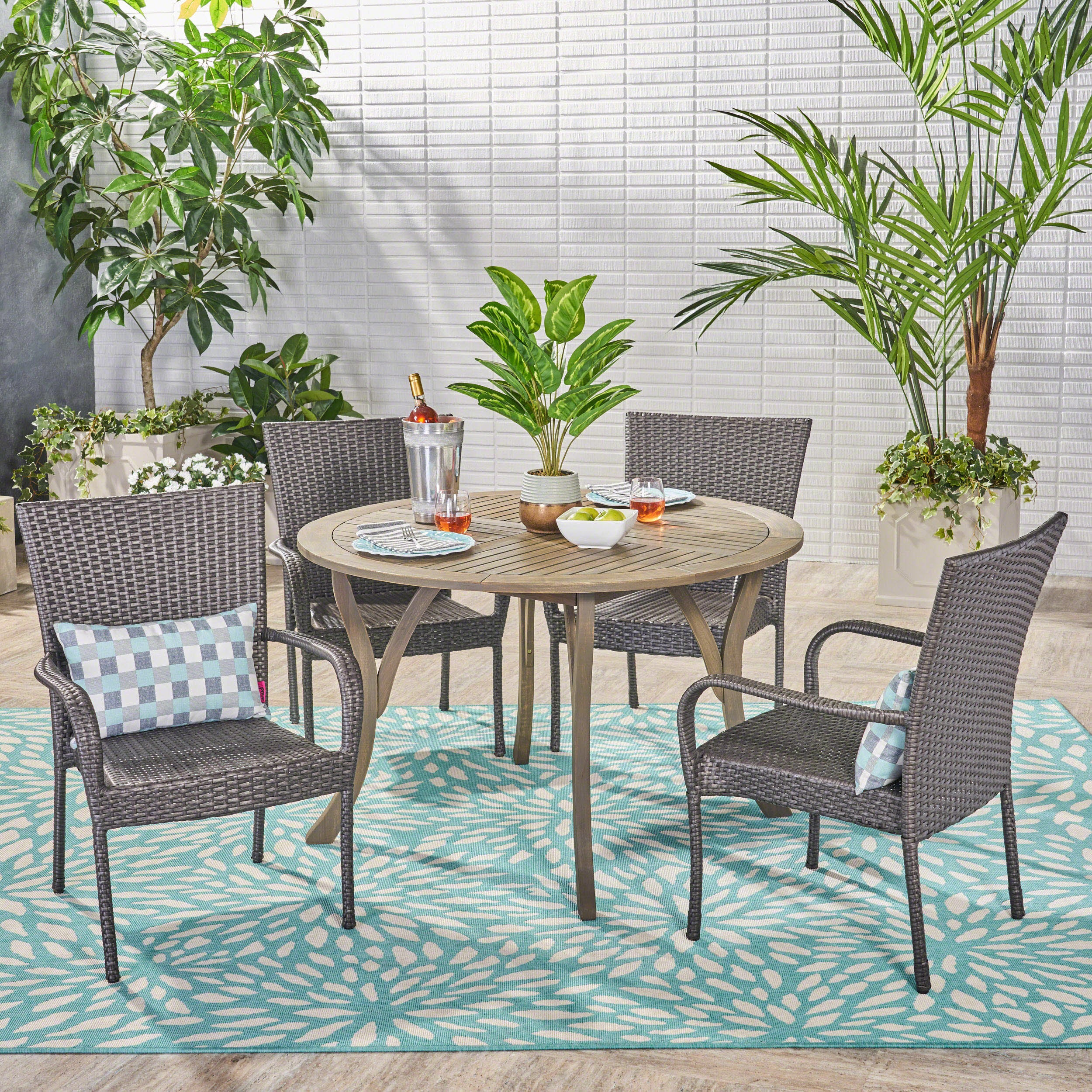 Lance Outdoor 5 Piece Acacia Wood and Wicker Dining Set