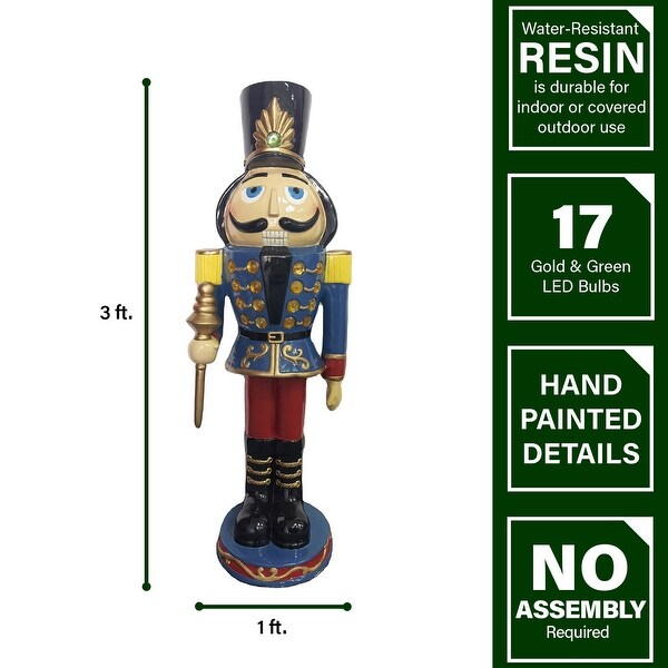 Fraser Hill Farm 3Ft. Nutcracker Toy Soldier Holding a Staff，Resin Statue w/ LED Lights，Indoor or Outdoor Christmas Decor