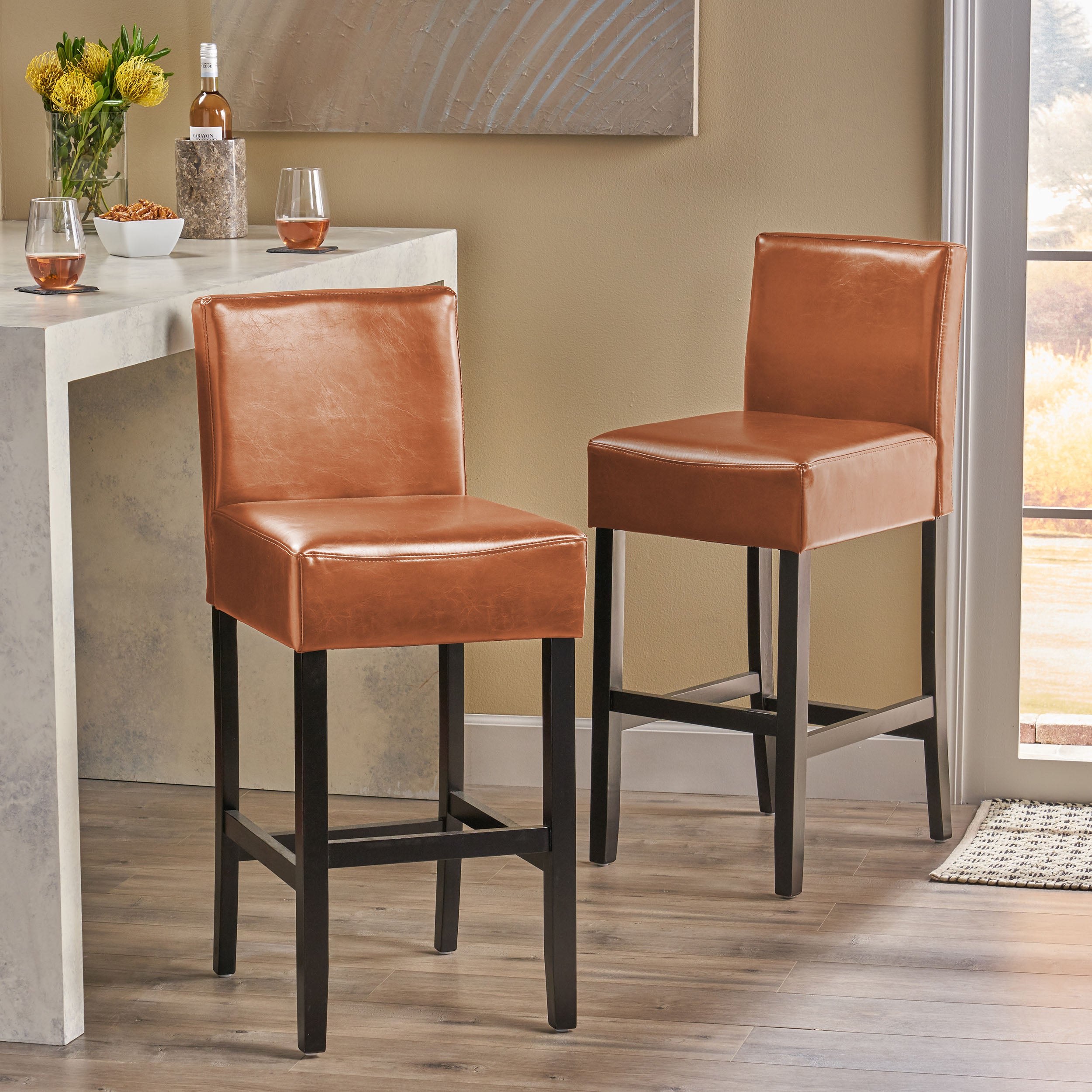 Lowry Contemporary Upholstered Ivory Bonded Leather Backed Barstools (Set of 2)