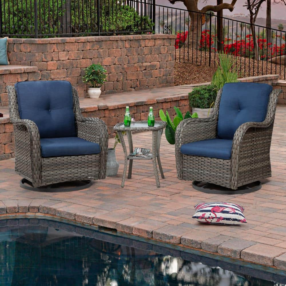 JOYSIDE 3-Piece Wicker Patio Conversation Set with Blue Cushions All-Weather Swivel Rocking Chairs O3PC-M01-BLUE