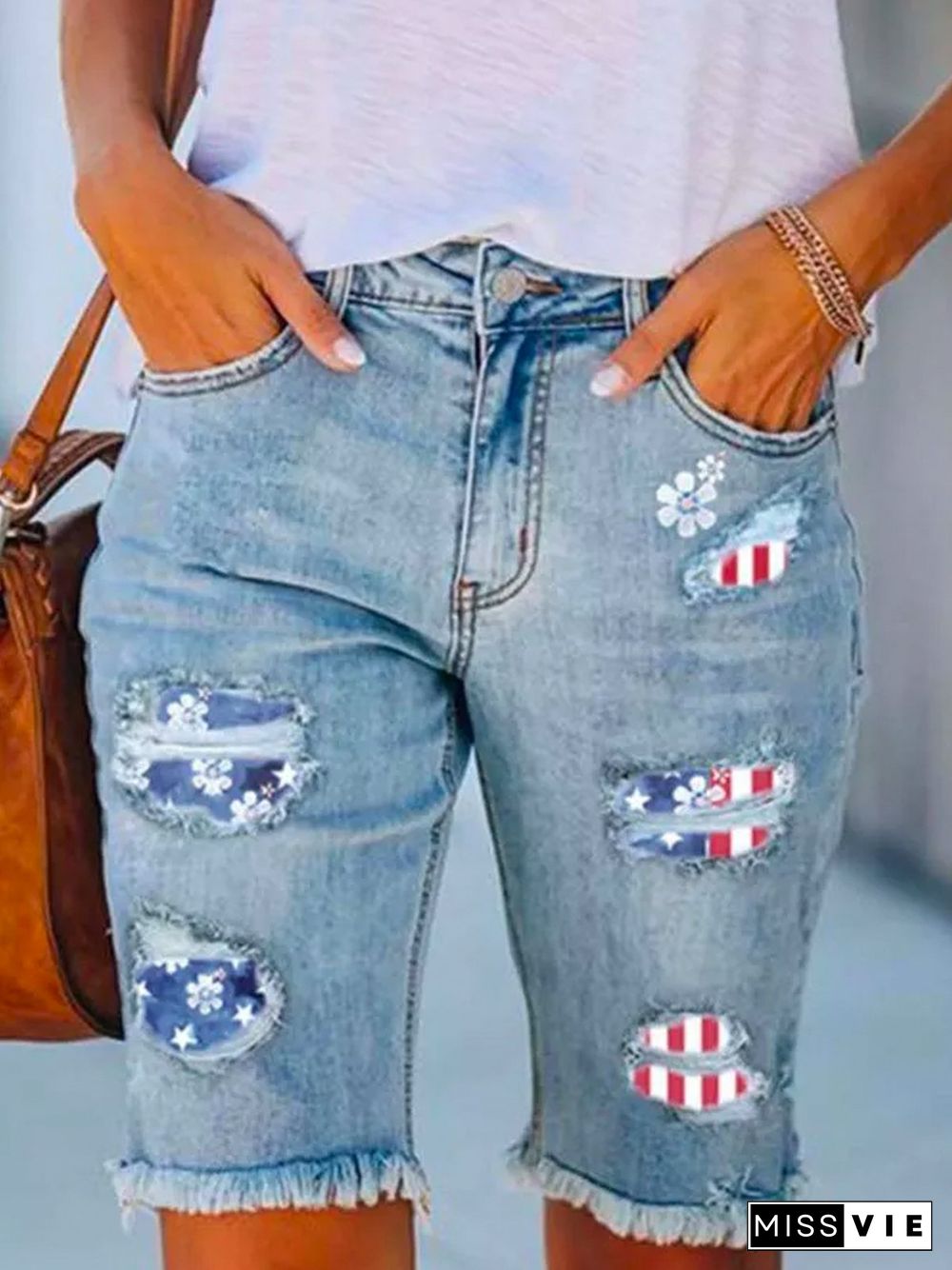 Floral Flag Printed Casual Denim Jeans