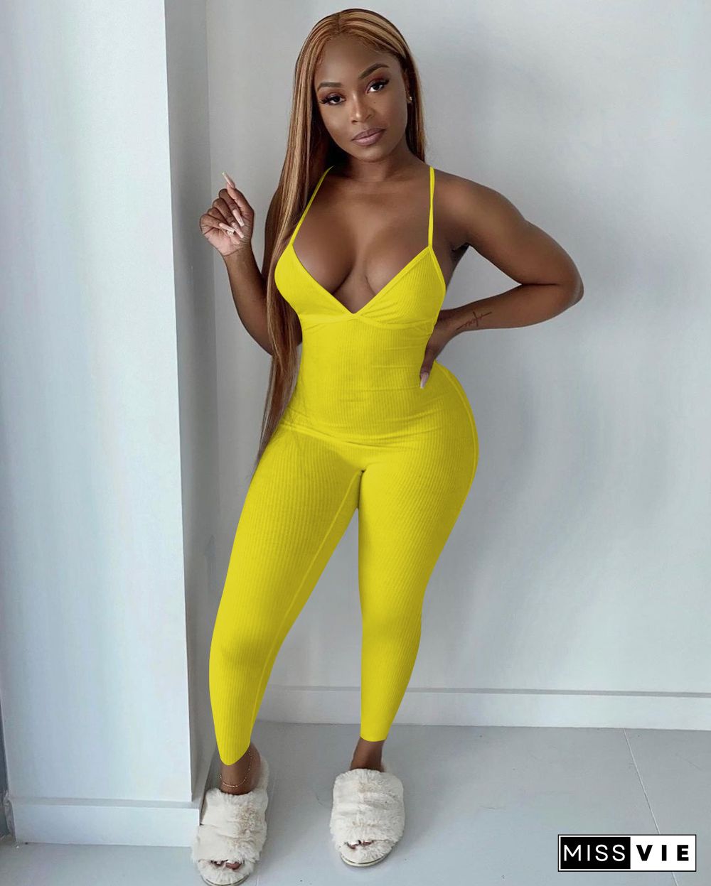 Women Sleeveless V-Neck Solid Ribbed Open Back Cross Summer Activewear Sexy One Piece Jumpsuit