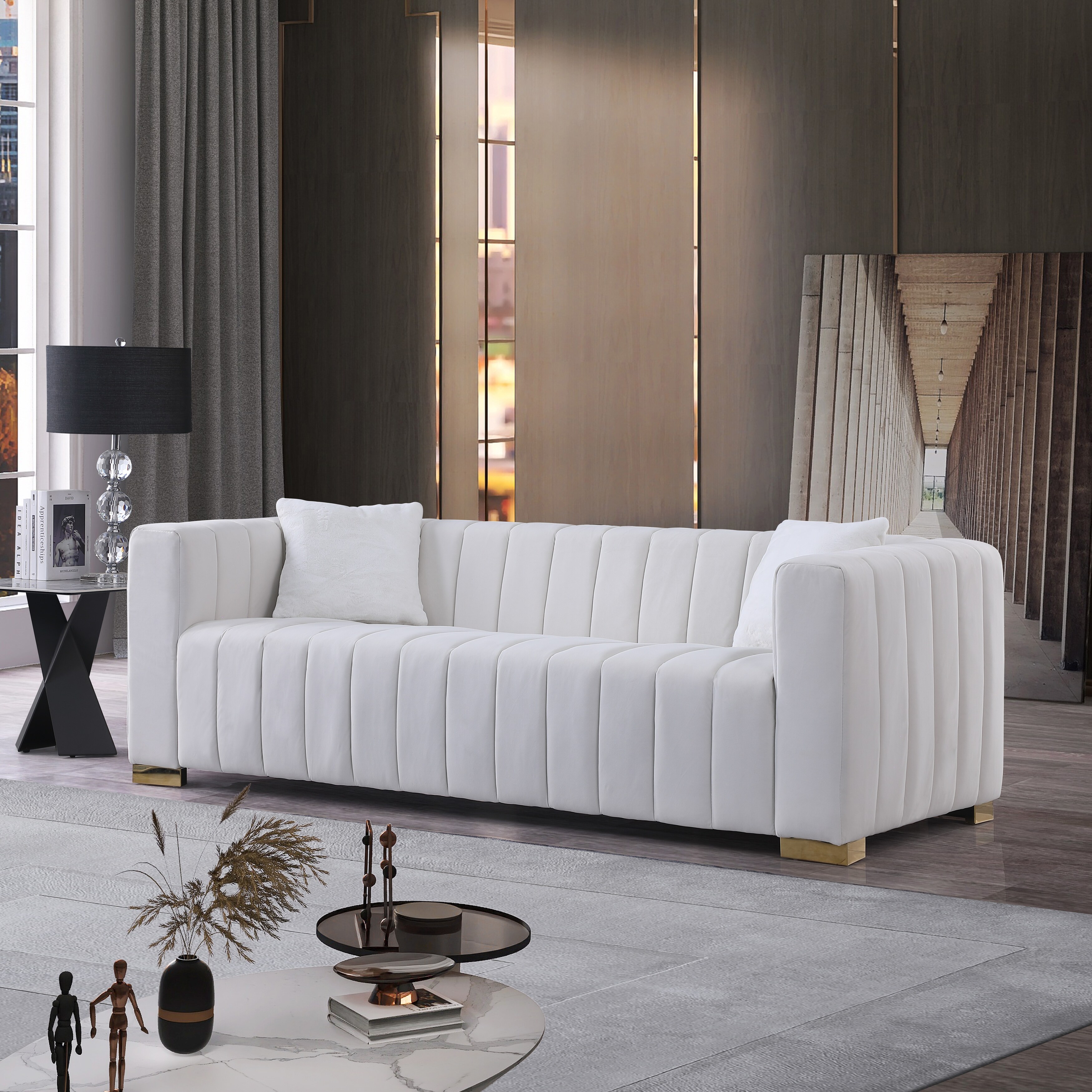 3-Seat Velvet Sofa with Pillows