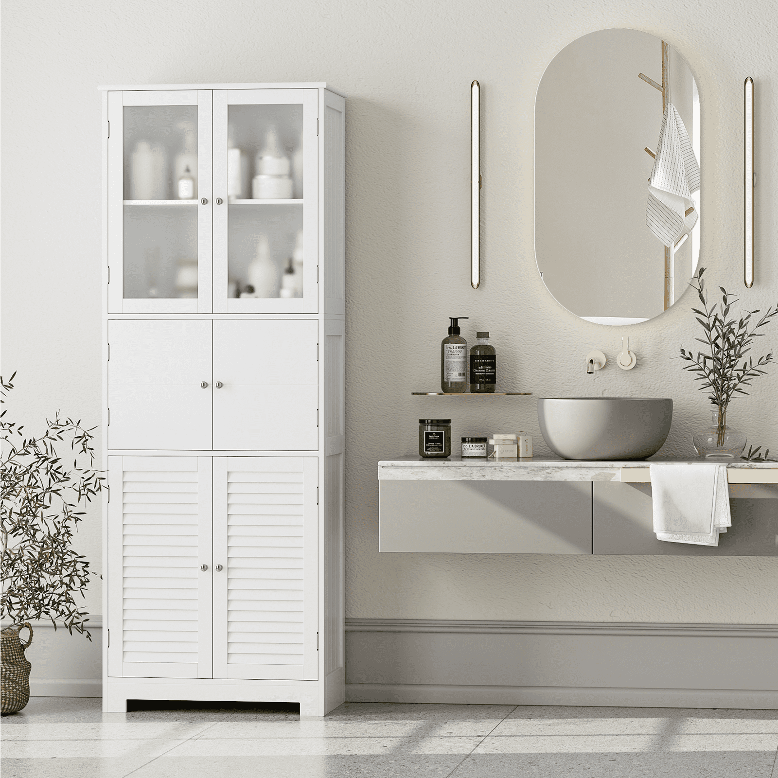 Homfa 6 Doors Linen Storage Cabinet, Wood Tall Cabinet Cupboard for Bathroom, White