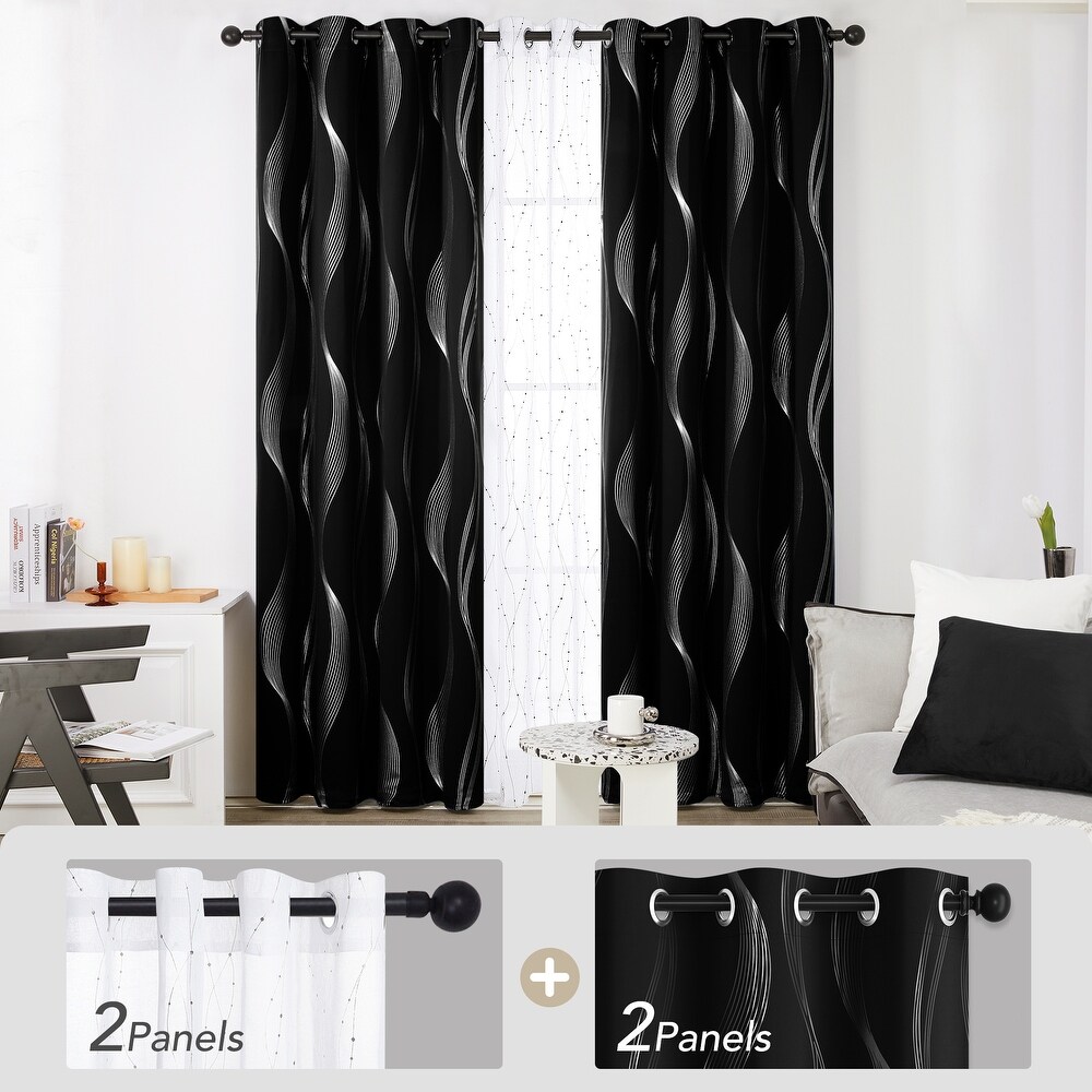 Deconovo Mix and Match Blackout and Sheer 4 Piece Wave Curtain Panel Set