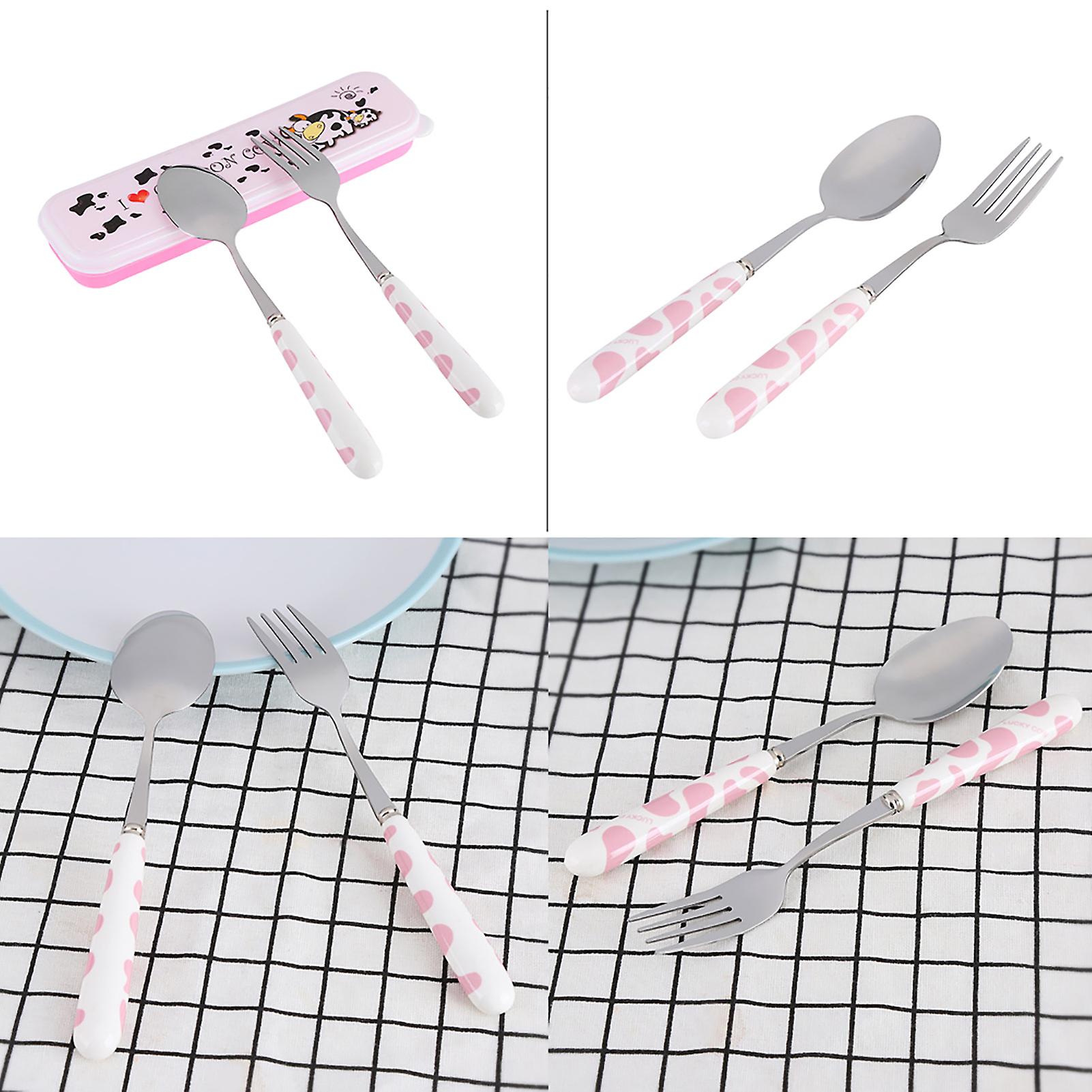 2 Pcs Stainless Steel Knife Fork Spoon Kitchen Flatware Tableware With Box Children Set Pink