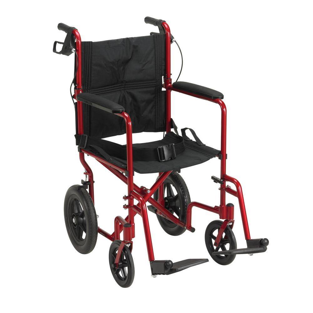 Drive Medical Lightweight Expedition Red Transport Wheelchair with Hand Brakes EXP19LTRD