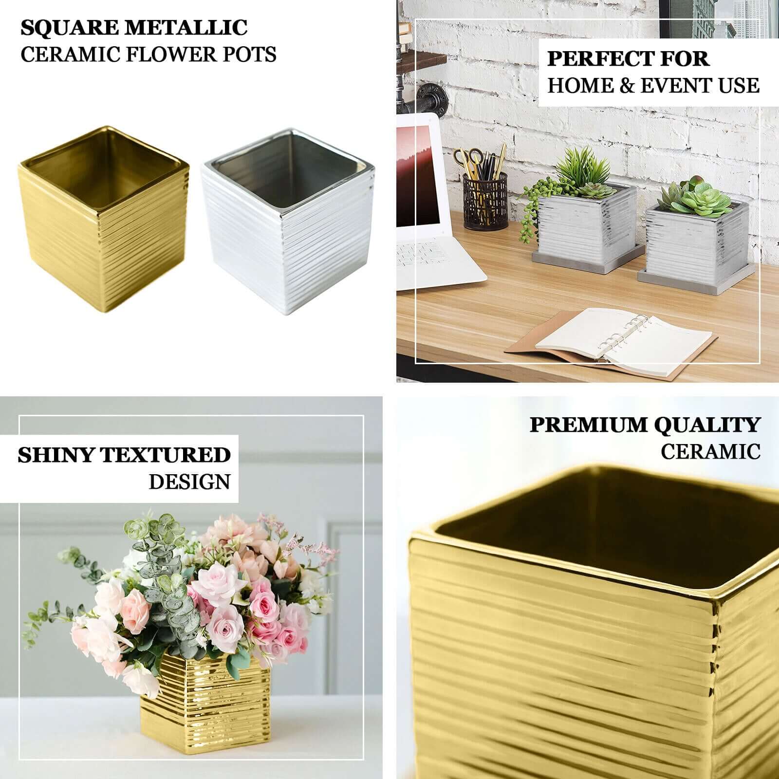 2 Pack Silver Brush Textured Ceramic Square Flower Plant Box, Cube Shaped Planter Pots 5