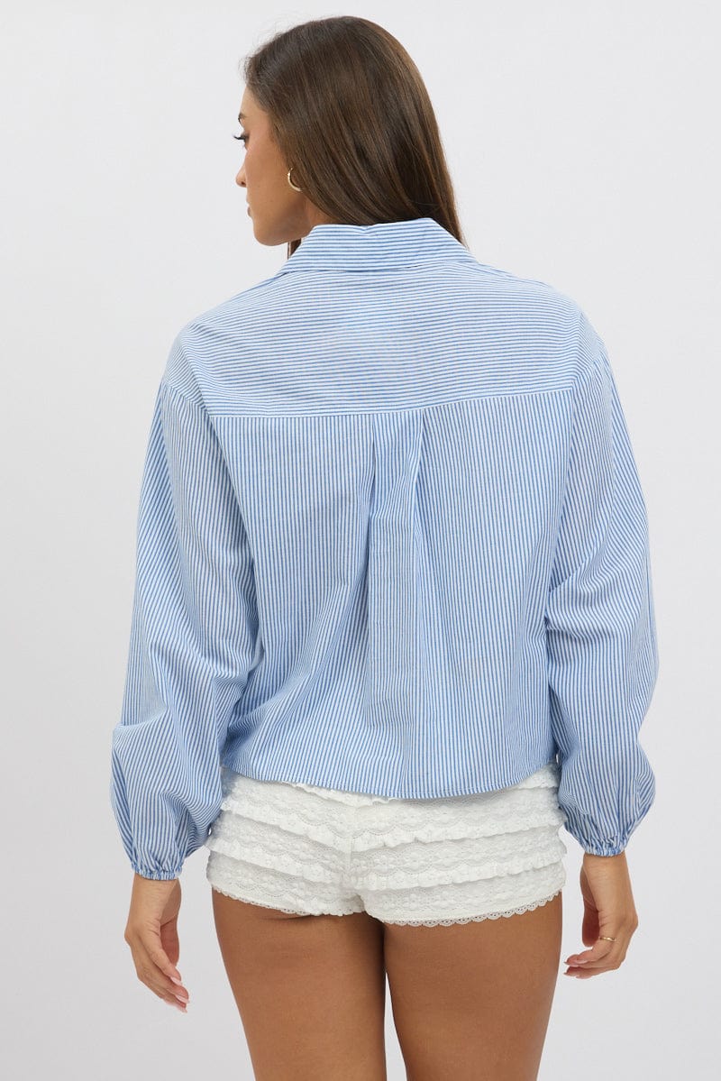 Blue Stripe Tie  Up Front Top Long Sleeve