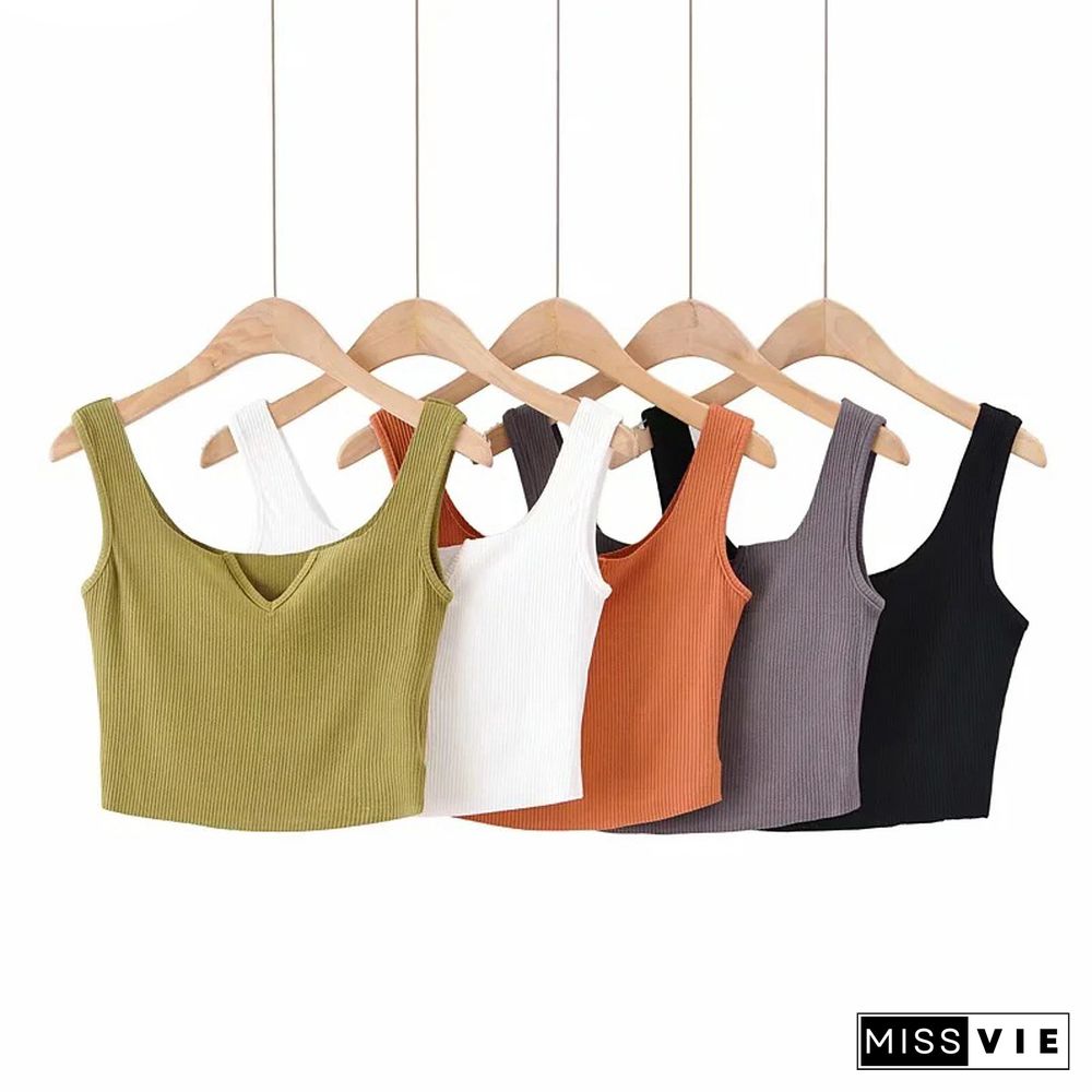 Vintage Candy Color Ribbed Knitted Camis Women Casual V Cut-Out Slim Fit Tank Top Summer Street Style Green Crop Top