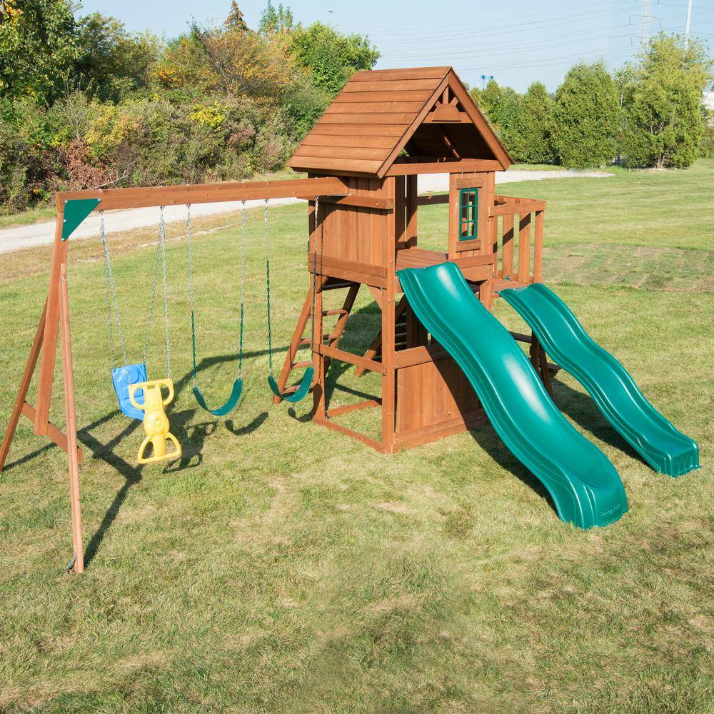 Swing-N-Slide Playsets KnightsBridge Deluxe Complete Wooden Outdoor Playset with Slides Swings and Backyard Swing Set Accessories WS 8353