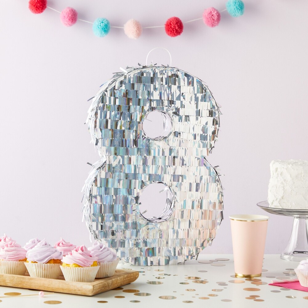 Small Silver Holographic Number 8 Pinata for Birthday Party Decorations (15.7 x 9 x 3 In)