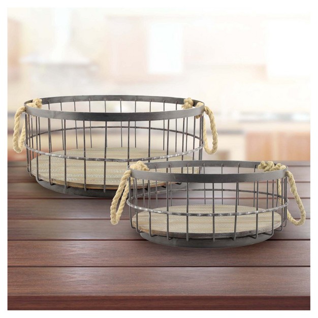 2pc Round Rustic Wood And Metal Basket Set Brown Stonebriar Collection