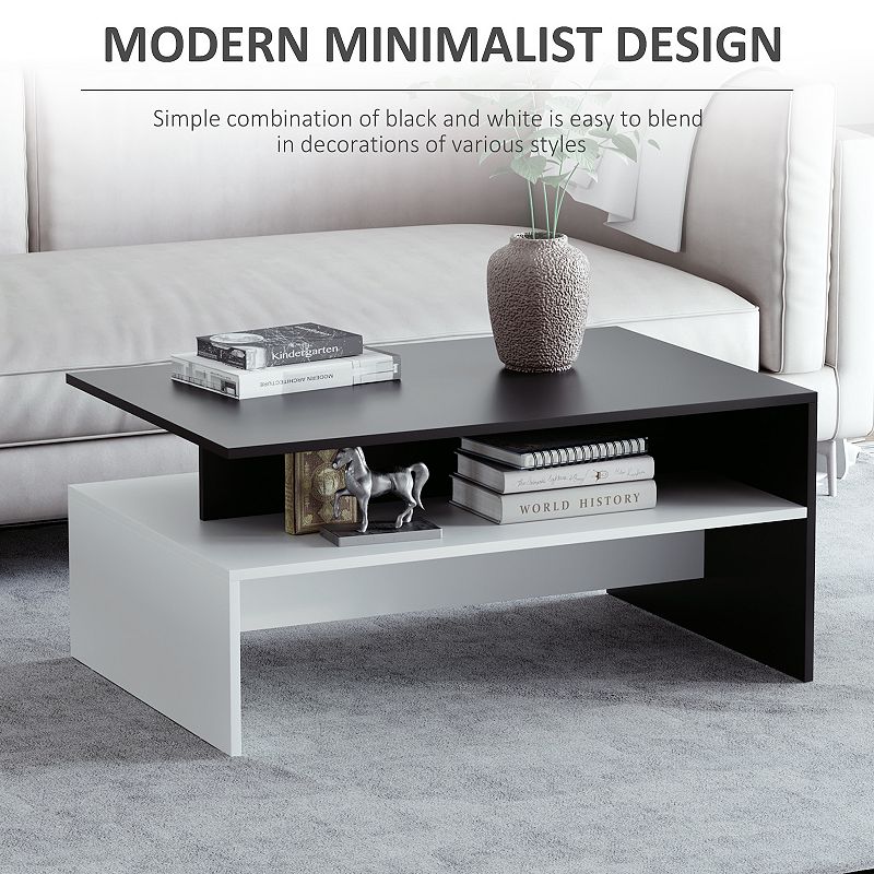 HOMCOM 2 Tier Modern Rectangular Living Room Coffee Table with Open Shelves   Black/White