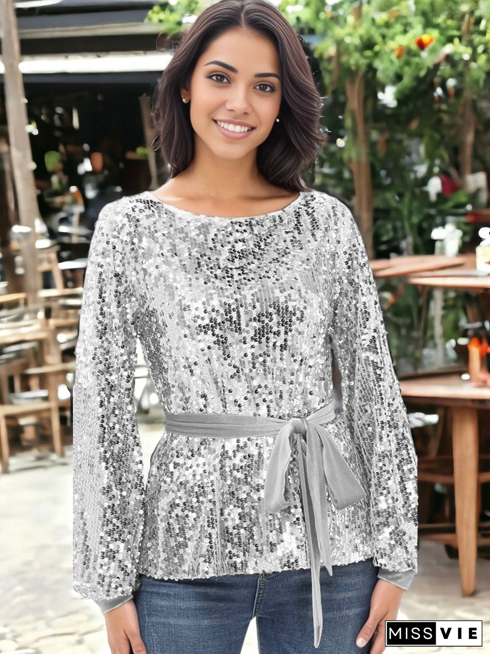 Sequin Party Tie Waist Sweatshirt Pullover Top