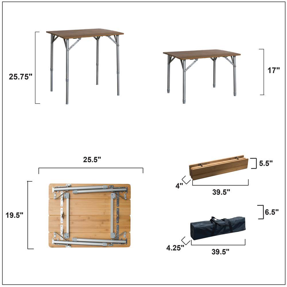 AmeriHome 25.75 in. x 17 in. Adjustable Height Folding Bamboo Wood Table with Carry Bag 807592