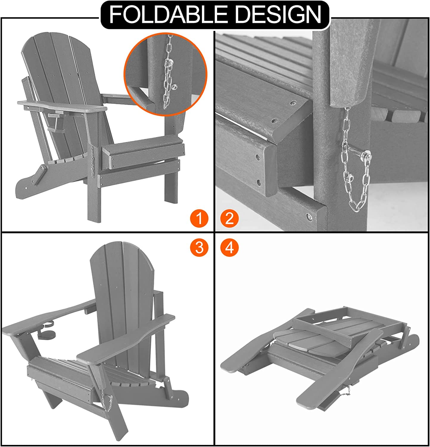 Nalone Folding Adirondack Chair with Cushion with Cup Holder, HDPE Plastic Oversized Patio Chair Weather Resistant(Gray)