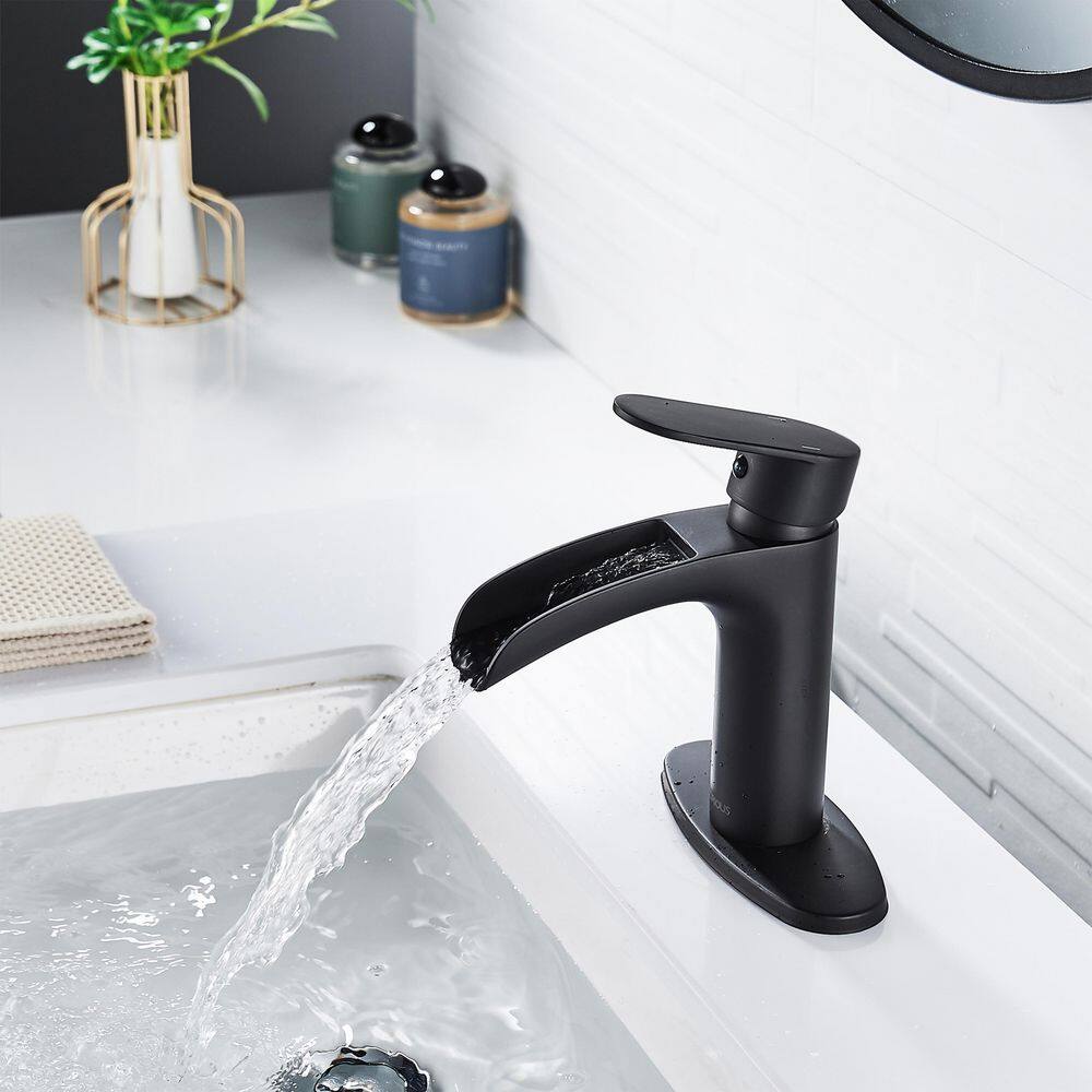 FORIOUS Waterfall Single Handle Bathroom Faucet with Metal Pop-Up Drain Bathroom Sink Faucet Matte Black in Bathroom HH0302BD