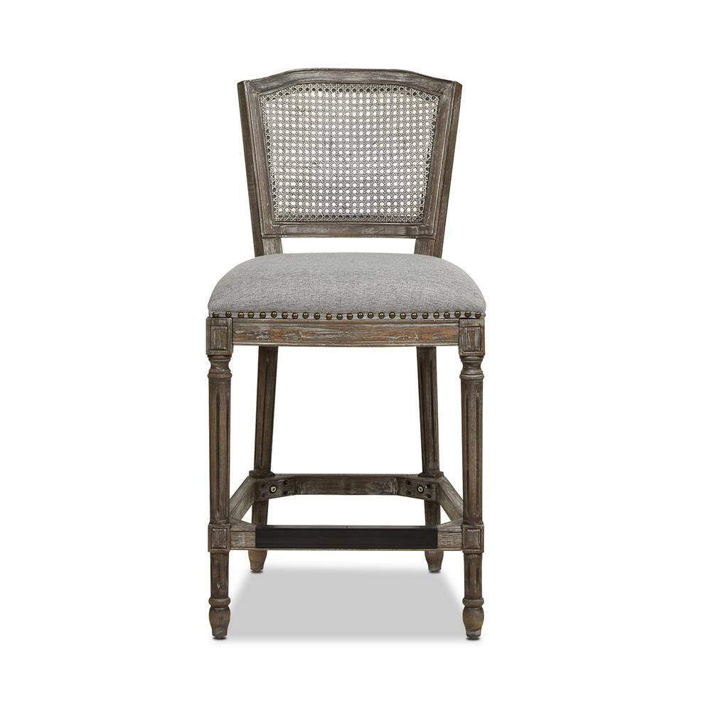 Jennifer Taylor Triomphe 26 in. Heathered Grey High Back Rattan Wicker Counter Bar Stool with Linen Seat 81220-MLH